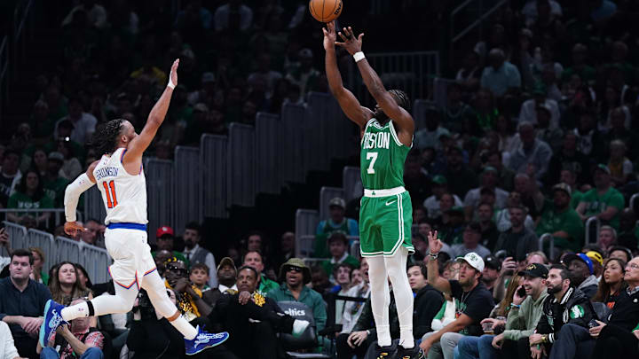 Oct 22, 2024; Boston, Massachusetts, USA; Boston Celtics guard Jaylen Brown (7) shoots against New York Knicks guard Jalen Brunson (11) in the second half at TD Garden. Mandatory Credit: David Butler II-Imagn Images