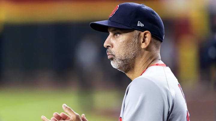 Sep 7, 2025; Phoenix, Arizona, USA; Boston Red Sox manager Alex Cora against the Arizona Diamondbacks at Chase Field. Mandatory Credit: Mark J. Rebilas-Imagn Images