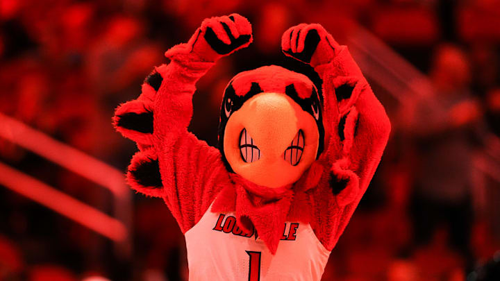 The Louisville Cardinal mascot flexes before the game against South Carolina State at the KFC Yum! Center Monday night, Nov. 3, 2025.
