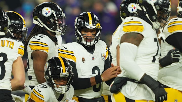 Jan 11, 2025; Baltimore, Maryland, USA; Pittsburgh Steelers quarterback Russell Wilson (3) looks on in the first quarter against the Baltimore Ravens in an AFC wild card game at M&T Bank Stadium. Mandatory Credit: Mitch Stringer-Imagn Images