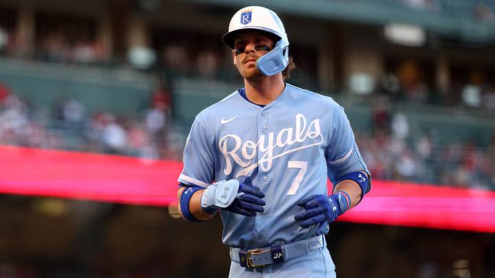 Aug 15, 2026; Anaheim, California, USA;  Kansas City Royals shortstop Bobby Witt Jr. (7) jogs back to the dugout after lining out during the first inning against the Los Angeles Angels at Angel Stadium. Mandatory Credit: Kiyoshi Mio-Imagn Images