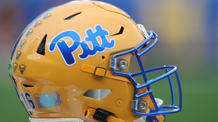 Nov 16, 2024; Pittsburgh, Pennsylvania, USA;  A Pittsburgh Panthers helmet on the sidelines against the Clemson Tigers during the fourth quarter at Acrisure Stadium. Mandatory Credit: Charles LeClaire-Imagn Images