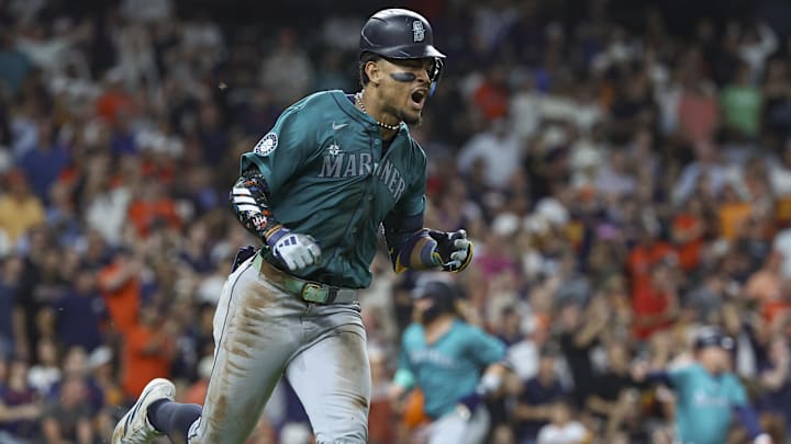 Seattle Mariners center fielder Julio Rodriguez reacts after hitting a single against the Houston Astros on Sept. 23 at Minute Maid Park.