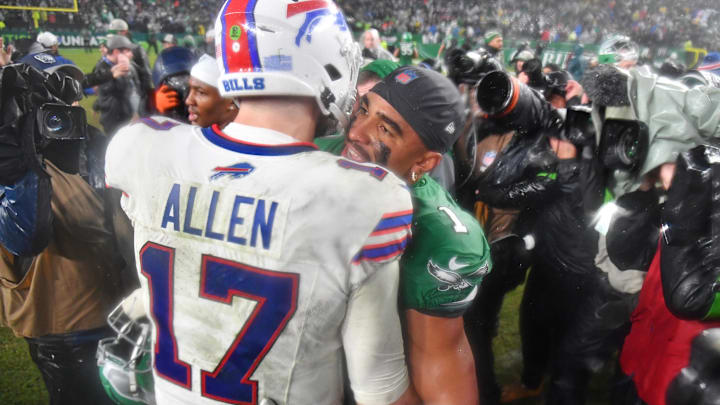 Nov 26, 2023; Philadelphia, Pennsylvania, USA; Buffalo Bills quarterback Josh Allen (17) and Philadelphia Eagles quarterback Jalen Hurts (1) meet on the field Eagles win in overtime at Lincoln Financial Field. 
