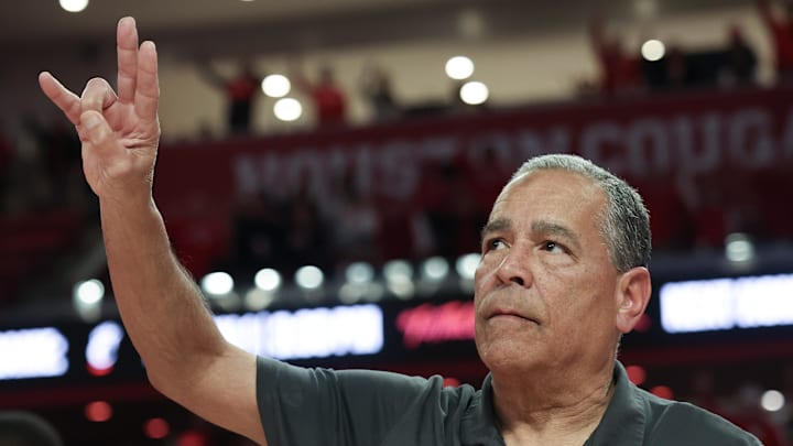 Feb 22, 2025; Houston, Texas, USA; Houston Cougars head coach Kelvin Sampson sings the school song after defeating the Iowa State Cyclones in the second half at Fertitta Center. Feb 22, 2025; Houston, Texas, USA; Houston Cougars head coach Kelvin Sampson sings the school song after defeating the Iowa State Cyclones in the second half at Fertitta Center.