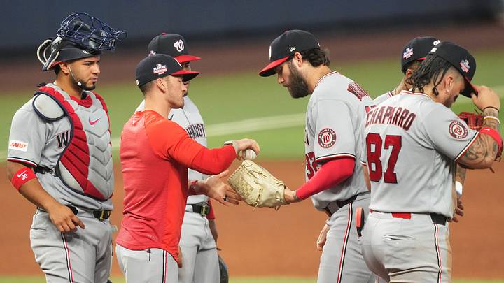 Aug 23, 2026; Miami, Florida, USA;  Washington Nationals manager Blake Butera makes a pitching change to Trevor Williams (32) in the fifth inning against the Miami Marlins at loanDepot Park.  Mandatory Credit: Jim Rassol-Imagn Images