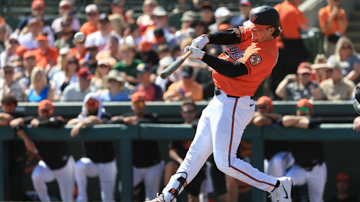 Feb 28, 2026; Sarasota, Florida, USA; Baltimore Orioles catcher Adley Rutschman (35) doubles during the second inning against the Atlanta Braves at Ed Smith Stadium. Mandatory Credit: Kim Klement Neitzel-Imagn Images Feb 28, 2026; Sarasota, Florida, USA; Baltimore Orioles catcher Adley Rutschman (35) doubles during the second inning against the Atlanta Braves at Ed Smith Stadium. Mandatory Credit: Kim Klement Neitzel-Imagn Images