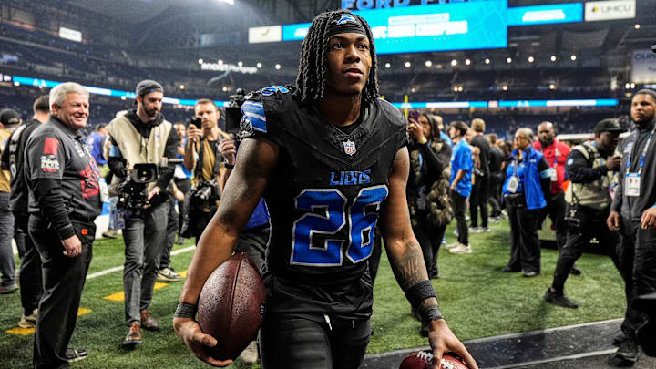 Detroit Lions running back Jahmyr Gibbs (26) exits the field after 31-9 win over Minnesota Vikings at Ford Field in Detroit on Sunday, Jan. 5, 2025.