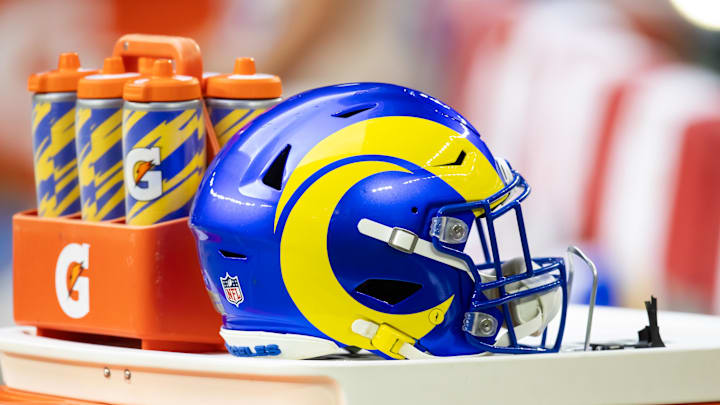 Nov 26, 2023; Glendale, Arizona, USA; Detailed view of an Los Angeles Rams helmet at State Farm Stadium. Mandatory Credit: Mark J. Rebilas-USA TODAY Sports