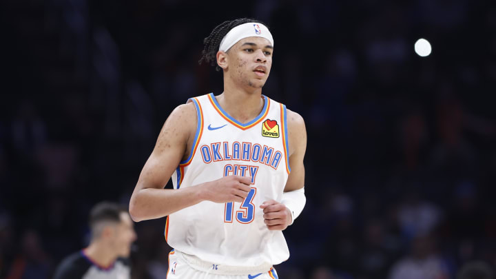 Jan 11, 2024; Oklahoma City, Oklahoma, USA; Oklahoma City Thunder forward Ousmane Dieng (13) runs down the court between plays against the Portland Trail Blazers during the second half at Paycom Center. Mandatory Credit: Alonzo Adams-USA TODAY Sports