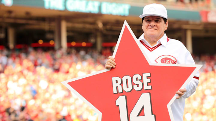 Reds great Pete Rose holds a star bearing his name at Great American Ball Park in 2016. Reds great Pete Rose holds a star bearing his name at Great American Ball Park in 2016.