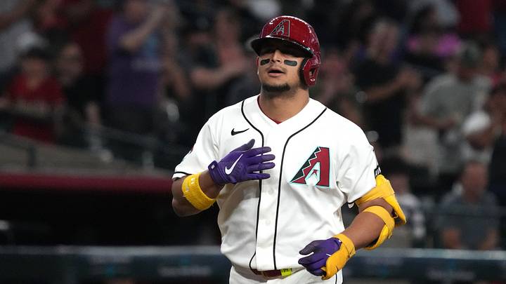 Jul 22, 2026; Phoenix, Arizona, USA; Arizona Diamondbacks catcher Gabriel Moreno (14) reacts after hitting a solo home run against the Athletics in the fifth inning at Chase Field. Mandatory Credit: Rick Scuteri-Imagn Images