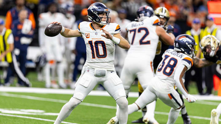 Oct 17, 2024; New Orleans, Louisiana, USA; Denver Broncos quarterback Bo Nix (10) passes against the New Orleans Saints during the first half at Caesars Superdome. Oct 17, 2024; New Orleans, Louisiana, USA; Denver Broncos quarterback Bo Nix (10) passes against the New Orleans Saints during the first half at Caesars Superdome.