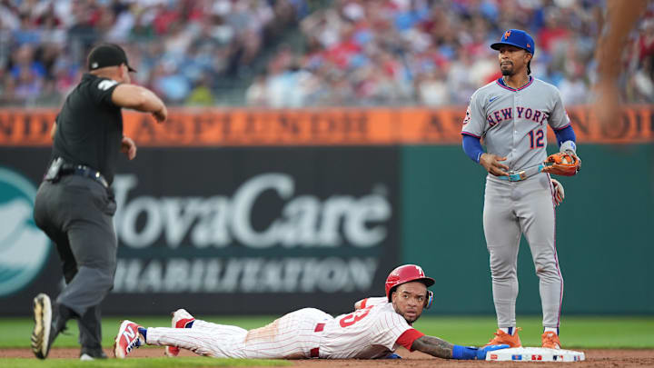 Philadelphia Phillies infielder Edmundo Sosa (L) and New York Mets infielder Francisco Lindor in June 2025