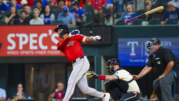 Mar 28, 2025; Arlington, Texas, USA;  Boston Red Sox second baseman Kristian Campbell (28) loses his bat during the second inning against the Texas Rangers at Globe Life Field. Mandatory Credit: Kevin Jairaj-Imagn Images