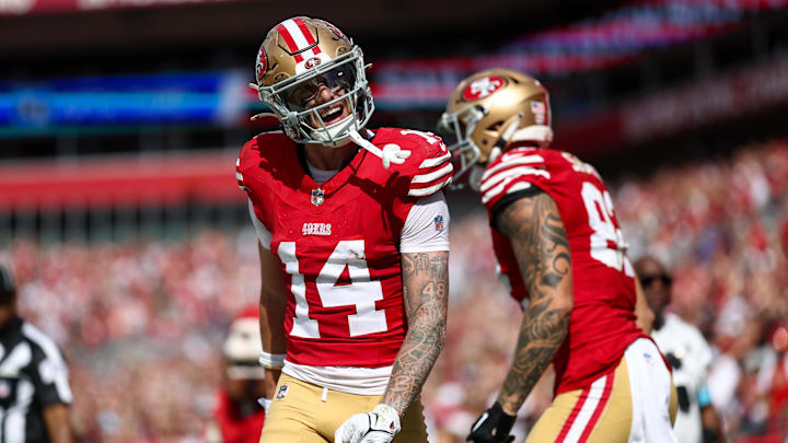 Nov 10, 2024; Tampa, Florida, USA; San Francisco 49ers wide receiver Ricky Pearsall (14) celebrates after scoring a touchdown against the Tampa Bay Buccaneers in the first quarter at Raymond James Stadium. Mandatory Credit: Nathan Ray Seebeck-Imagn Images Nov 10, 2024; Tampa, Florida, USA; San Francisco 49ers wide receiver Ricky Pearsall (14) celebrates after scoring a touchdown against the Tampa Bay Buccaneers in the first quarter at Raymond James Stadium. Mandatory Credit: Nathan Ray Seebeck-Imagn Images