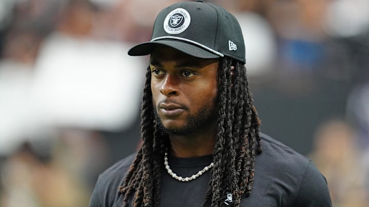Sep 29, 2024; Paradise, Nevada, USA; Las Vegas Raiders wide receiver Davante Adams (17) walks the sideline before the start of a game between the Raiders and the Cleveland Browns at Allegiant Stadium. Mandatory Credit: Stephen R. Sylvanie-Imagn Images