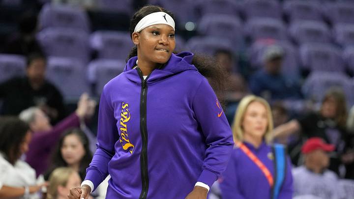 May 16, 2025; San Francisco, California, USA; Los Angeles Sparks forward Sania Feagin (1) before the game against the Golden State Valkyries at Chase Center. Mandatory Credit: Darren Yamashita-Imagn Images