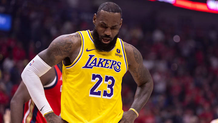 Apr 16, 2024; New Orleans, Louisiana, USA; Los Angeles Lakers forward LeBron James (23) reacts during the first half against the New Orleans Pelicans in a play-in game of the 2024 NBA playoffs against the New Orleans Pelicans at Smoothie King Center. Mandatory Credit: Stephen Lew-USA TODAY Sports