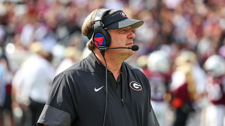 Nov 8, 2025; Starkville, Mississippi, USA; Georgia Bulldogs head coach Kirby Smart looks on against the Mississippi State Bulldogs during the first half at Davis Wade Stadium at Scott Field. Mandatory Credit: Wesley Hale-Imagn Images Nov 8, 2025; Starkville, Mississippi, USA; Georgia Bulldogs head coach Kirby Smart looks on against the Mississippi State Bulldogs during the first half at Davis Wade Stadium at Scott Field. Mandatory Credit: Wesley Hale-Imagn Images