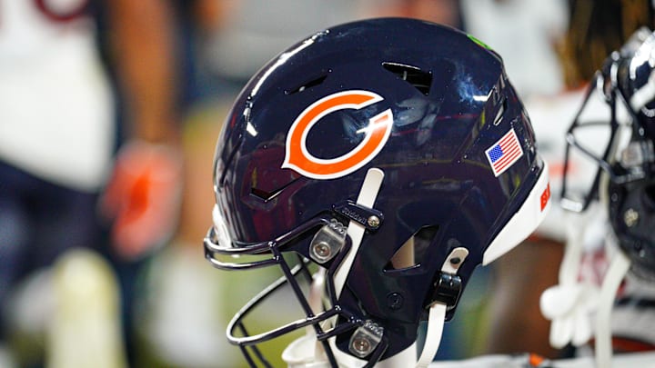 Aug 22, 2024; Kansas City, Missouri, USA; A general view of a Chicago Bears helmet against the Kansas City Chiefs during the second half at GEHA Field at Arrowhead Stadium. Mandatory Credit: Denny Medley-Imagn Images