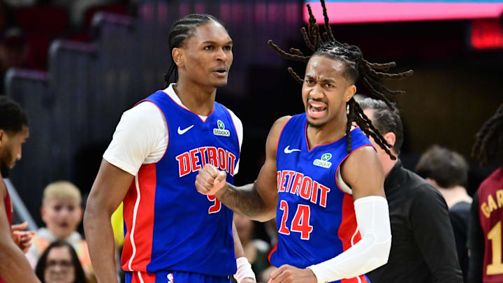 Jan 4, 2026; Cleveland, Ohio, USA; Detroit Pistons guard Ausar Thompson (9) and guard Daniss Jenkins (24) celebrate after a basket against the Cleveland Cavaliers during the second half at Rocket Arena. Mandatory Credit: Ken Blaze-Imagn Images