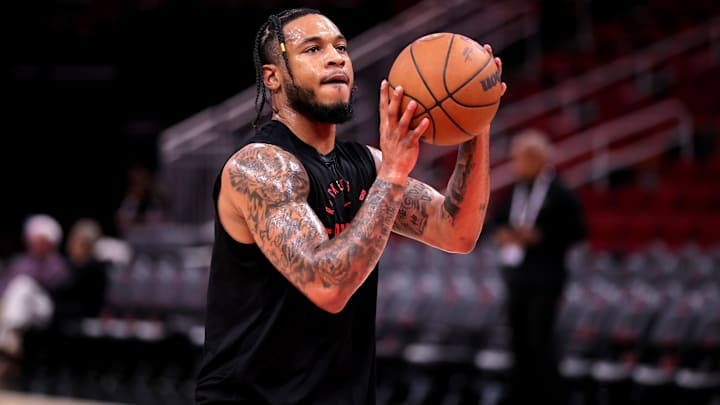 Apr 4, 2025; Houston, Texas, USA; Houston Rockets guard Cam Whitmore (7) warms up prior to the game against the Oklahoma City Thunder at Toyota Center. Mandatory Credit: Erik Williams-Imagn Images