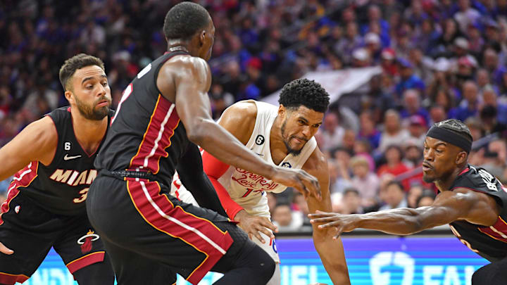 Apr 6, 2023; Philadelphia, Pennsylvania, USA; Philadelphia 76ers forward Tobias Harris (12) battles