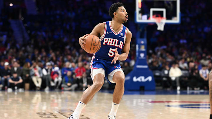 Apr 13, 2025; Philadelphia, Pennsylvania, USA; Philadelphia 76ers guard Quentin Grimes (5) controls the ball against the Chicago Bulls in the second quarter at Wells Fargo Center. Mandatory Credit: Kyle Ross-Imagn Images