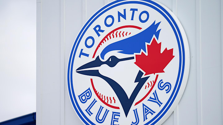 Mar 6, 2021; Dunedin, Florida, USA; A detailed view of the Toronto Blue Jays logo on a building at TD Ballpark during the spring training game between the Toronto Blue Jays and the Philadelphia Phillies. Mandatory Credit: Jasen Vinlove-Imagn Images