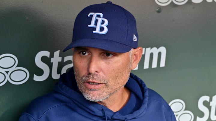 Sep 13, 2025; Chicago, Illinois, USA; Tampa Bay Rays manager Kevin Cash (16) answers questions from the media prior to a game against the Chicago Cubs at Wrigley Field.