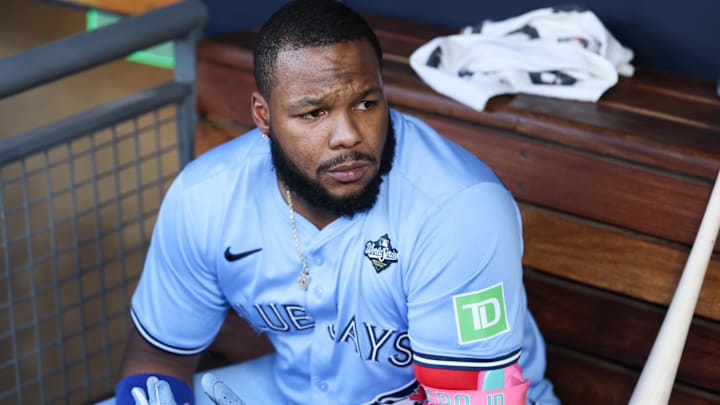 Oct 29, 2025; Los Angeles, California, USA; Toronto Blue Jays first baseman Vladimir Guerrero Jr. (27) looks on before the game against the Los Angeles Dodgers during game five of the 2025 MLB World Series at Dodger Stadium. Oct 29, 2025; Los Angeles, California, USA; Toronto Blue Jays first baseman Vladimir Guerrero Jr. (27) looks on before the game against the Los Angeles Dodgers during game five of the 2025 MLB World Series at Dodger Stadium.