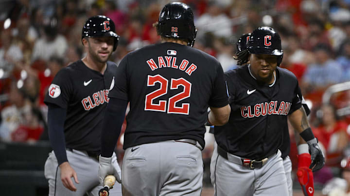 Sep 21, 2024; St. Louis, Missouri, USA;  Cleveland Guardians third baseman Jose Ramirez (11) is congratulated by first baseman Josh Naylor (22) after hitting a three run home run against the St. Louis Cardinals during the eighth inning at Busch Stadium. Mandatory Credit: Jeff Curry-Imagn Images