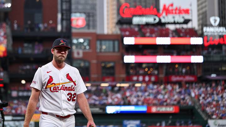 May 31, 2026; St. Louis, Missouri, USA; St. Louis Cardinals starting pitcher Matthew Liberatore (32) walks off the field after he was removed from the game against the Chicago Cubs during the sixth inning at Busch Stadium. Mandatory Credit: Jeff Curry-Imagn Images