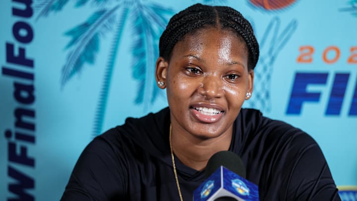 Apr 5, 2025; Tampa, FL, USA; South Carolina Gamecocks forward Sania Feagin (20) talks to media before practice at Amalie Arena. Mandatory Credit: Nathan Ray Seebeck-Imagn Images