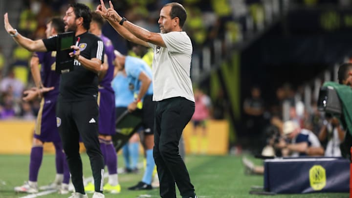 Jul 17, 2024; Nashville, Tennessee, USA; Orlando City head coach Oscar Pareja gestures during the second half against Nashville SC at Geodis Park. Mandatory Credit: Kindell Buchanan-Imagn Images