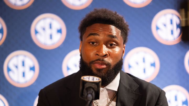 Jul 17, 2024; Dallas, TX, USA; Mississippi State linebacker John Lewis speaking at Omni Dallas Hotel. Mandatory Credit: Brett Patzke-USA TODAY Sports