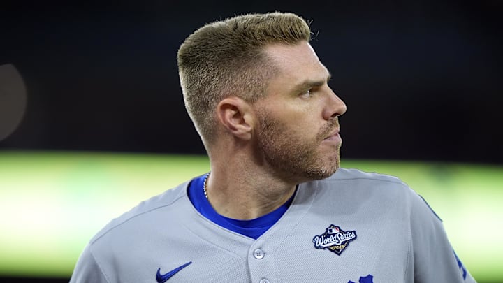 Nov 1, 2025; Toronto, Ontario, CAN; Los Angeles Dodgers first baseman Freddie Freeman (5) looks on in the fifth inning against the Toronto Blue Jays during game seven of the 2025 MLB World Series at Rogers Centre. Mandatory Credit: John E. Sokolowski-Imagn Images