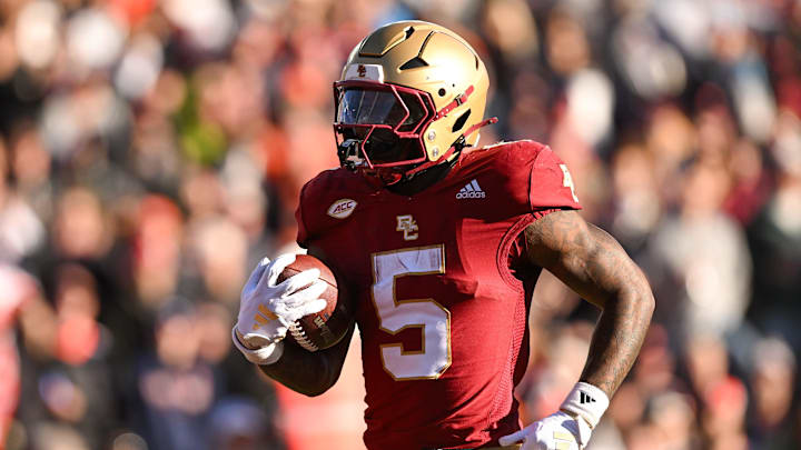 Nov 9, 2024; Chestnut Hill, Massachusetts, USA; Boston College Eagles running back Kye Robichaux (5) runs for a touchdown against the Syracuse Orange during the second half at Alumni Stadium. Mandatory Credit: Brian Fluharty-Imagn Images