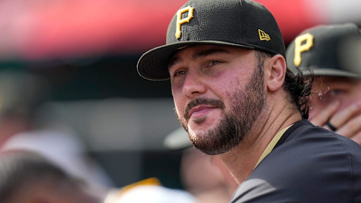 Pittsburgh Pirates starting pitcher Paul Skenes (30) watches from the dugout in the sixth inning of the MLB National League game between the Cincinnati Reds and the Pittsburgh Pirates.