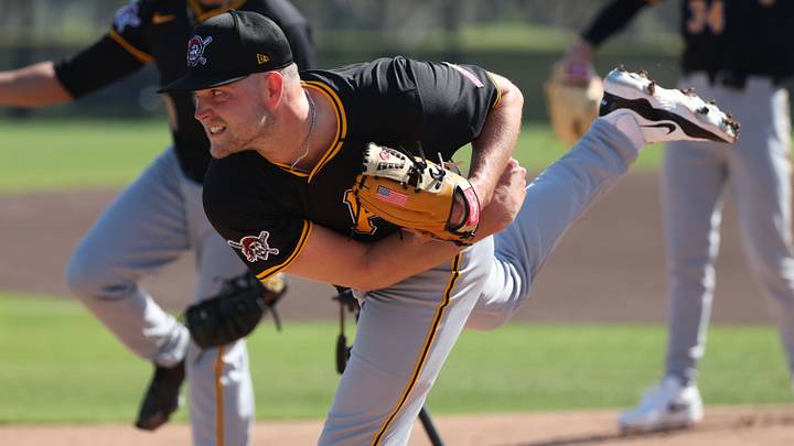 Feb 14, 2025; Bradenton, FL, USA;  Pittsburgh Pirates pitcher Hunter Stratton (63) during spring training workouts at Pirate City. Mandatory Credit: Kim Klement Neitzel-Imagn Images