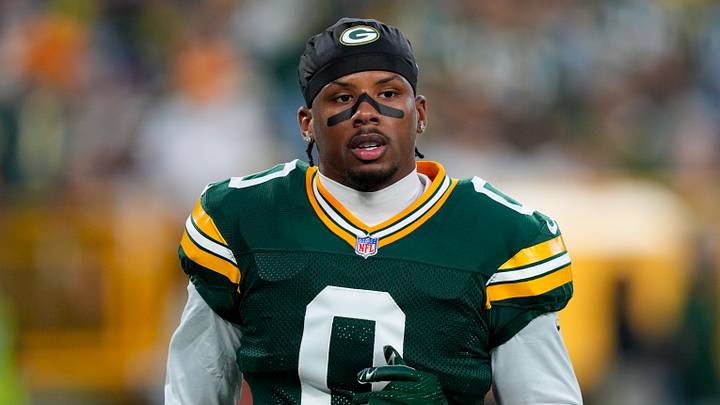 Green Bay Packers wide receiver Matthew Golden (0) looks on