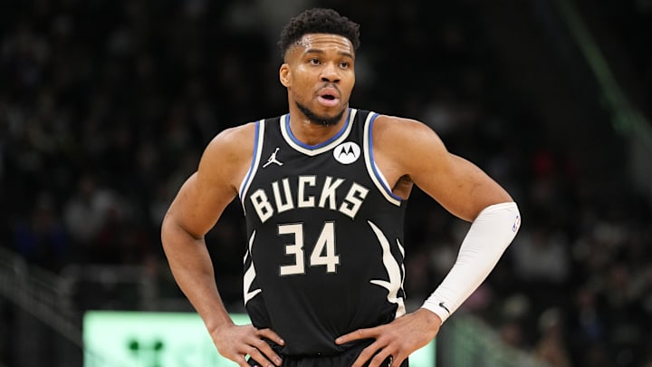 Jan 23, 2026; Milwaukee, Wisconsin, USA;  Milwaukee Bucks forward Giannis Antetokounmpo (34) looks on during the second quarter against the Denver Nuggets at Fiserv Forum. Mandatory Credit: Jeff Hanisch-Imagn Images