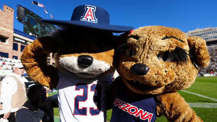 Nov 11, 2023; Boulder, Colorado, USA; Arizona Wildcats mascots perform during the first half against the Colorado Buffaloes at Folsom Field. Nov 11, 2023; Boulder, Colorado, USA; Arizona Wildcats mascots perform during the first half against the Colorado Buffaloes at Folsom Field.