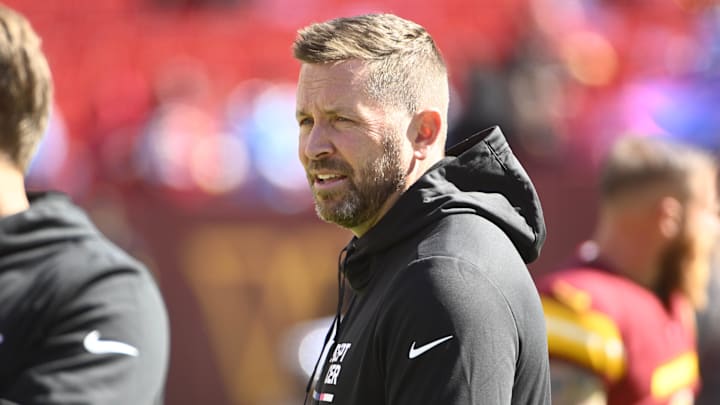 Oct 9, 2022; Landover, Maryland, USA; Washington Commanders offensive coordinator Scott Turner on the field before the game against the Tennessee Titans at FedExField. Mandatory Credit: Brad Mills-Imagn Images