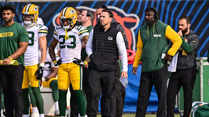 Nov 17, 2024; Chicago, Illinois, USA; Green Bay Packers head coach Matt LaFleur looks on against the Chicago Bears during the second quarter at Soldier Field.