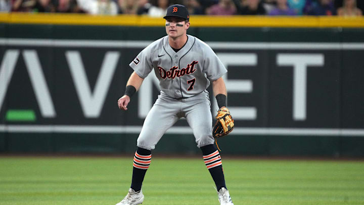 Mar 31, 2026; Phoenix, Arizona, USA; Detroit Tigers shortstop Kevin McGonigle (7) gets ready against the Arizona Diamondbacks in the first inning at Chase Field. Mandatory Credit: Rick Scuteri-Imagn Images