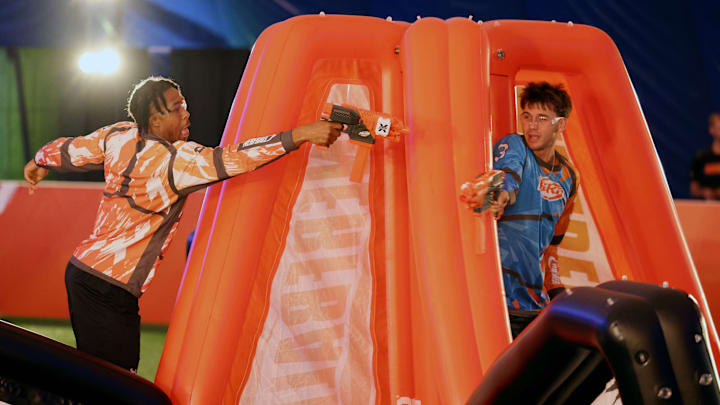 Meechie Johnson (VELOCITY) and Trace Young (IMPACT) competes in the NERFBALL – Battle in the Bubble exhibition game on Sept. 22, 2023 at IMG Academy