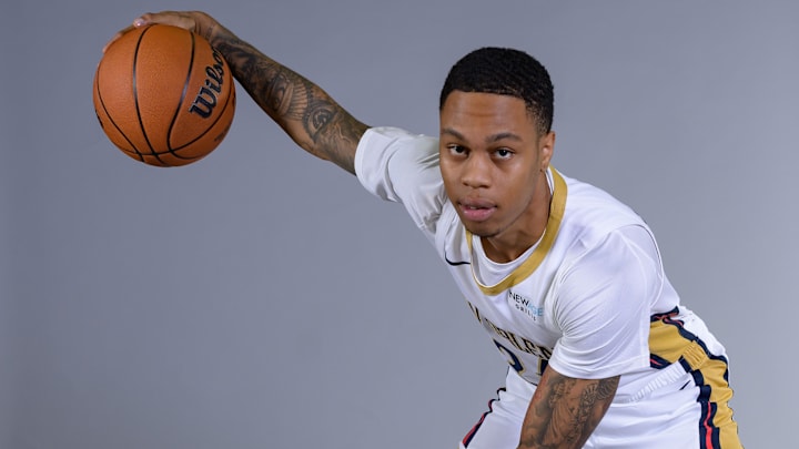 Sep 30, 2024; New Orleans, LA, USA; New Orleans Pelicans guard Jordan Hawkins (24) takes part in Pelicans Media Day.