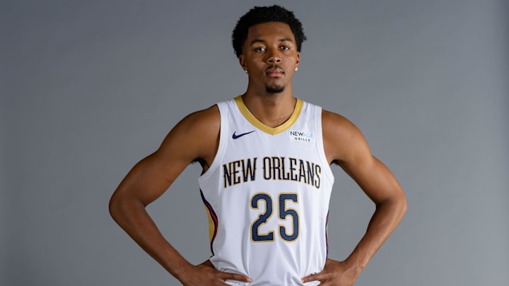 Sep 30, 2024; New Orleans, LA, USA; New Orleans Pelicans guard/forward Trey Murphy III (25) takes part in Pelicans Media Day.